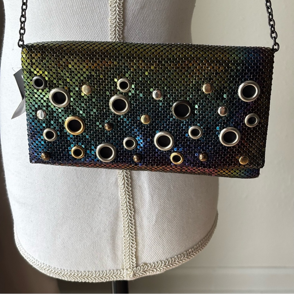 Jessica McClintock Cassie Chainmail Grommet Peacock Clutch Crossbody Bag